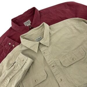LL Bean Mens Large Tall Cotton Button Down Shirt Lot 2 Burgundy Khaki Workwear